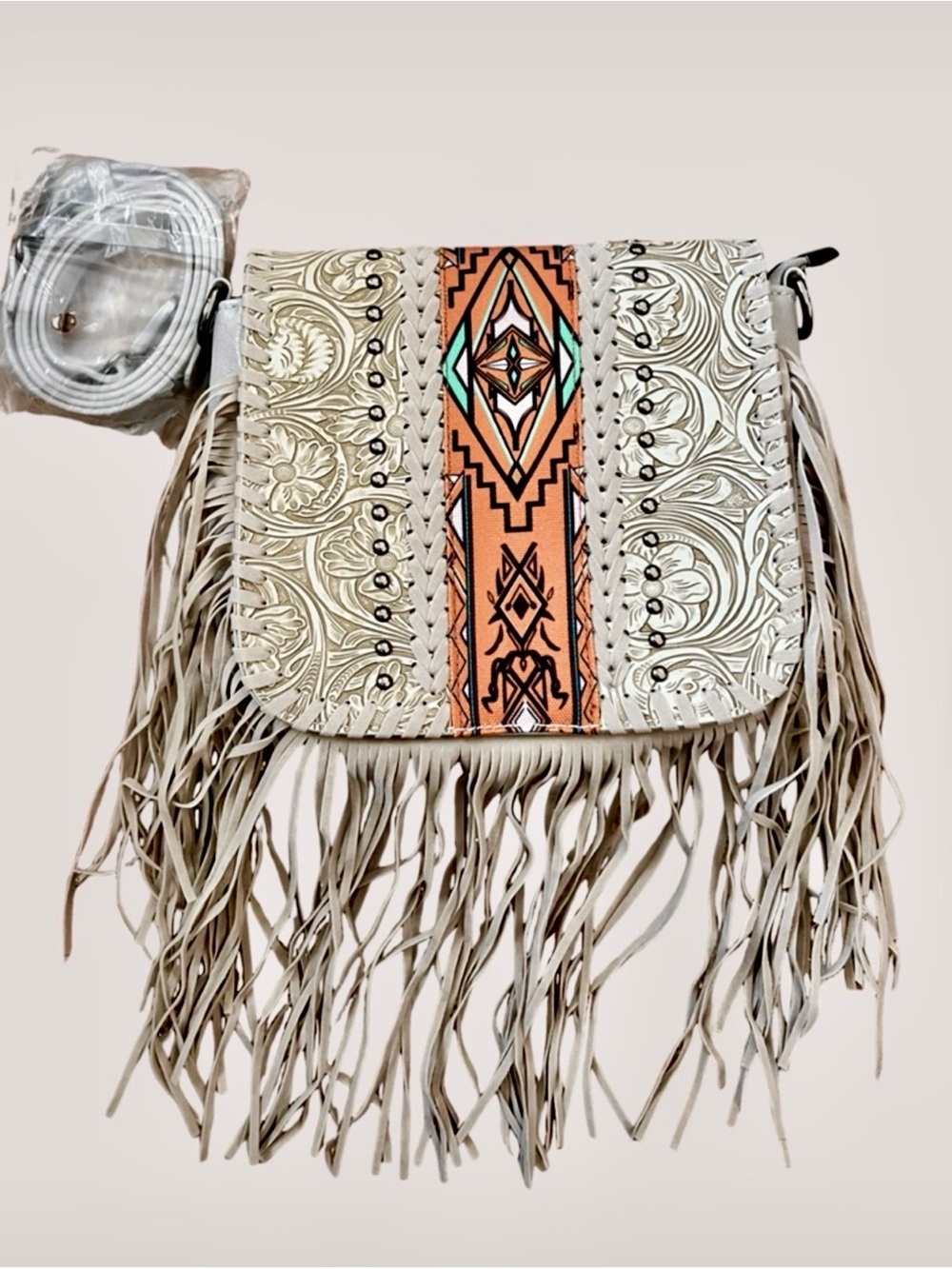 Light Gray Embossed Vegan Fringe Crossbody Bag with Aztec Stripe - Picture 10 of 11